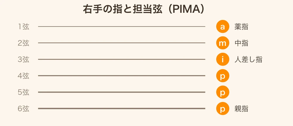 右手の指と担当弦（PIMA）の対応図